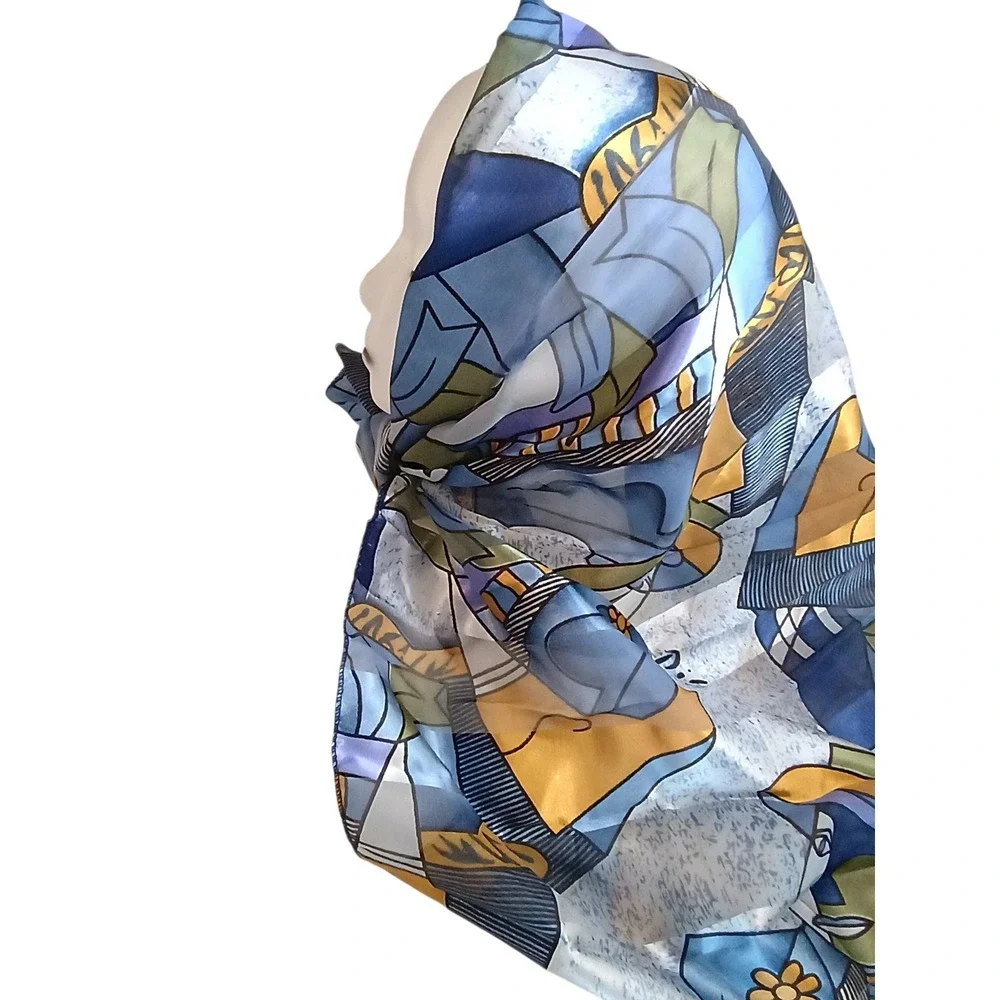 Picasso Tribute Art Print Scarf Blue Gold Cubist Abstract Square Head Wrap 34in